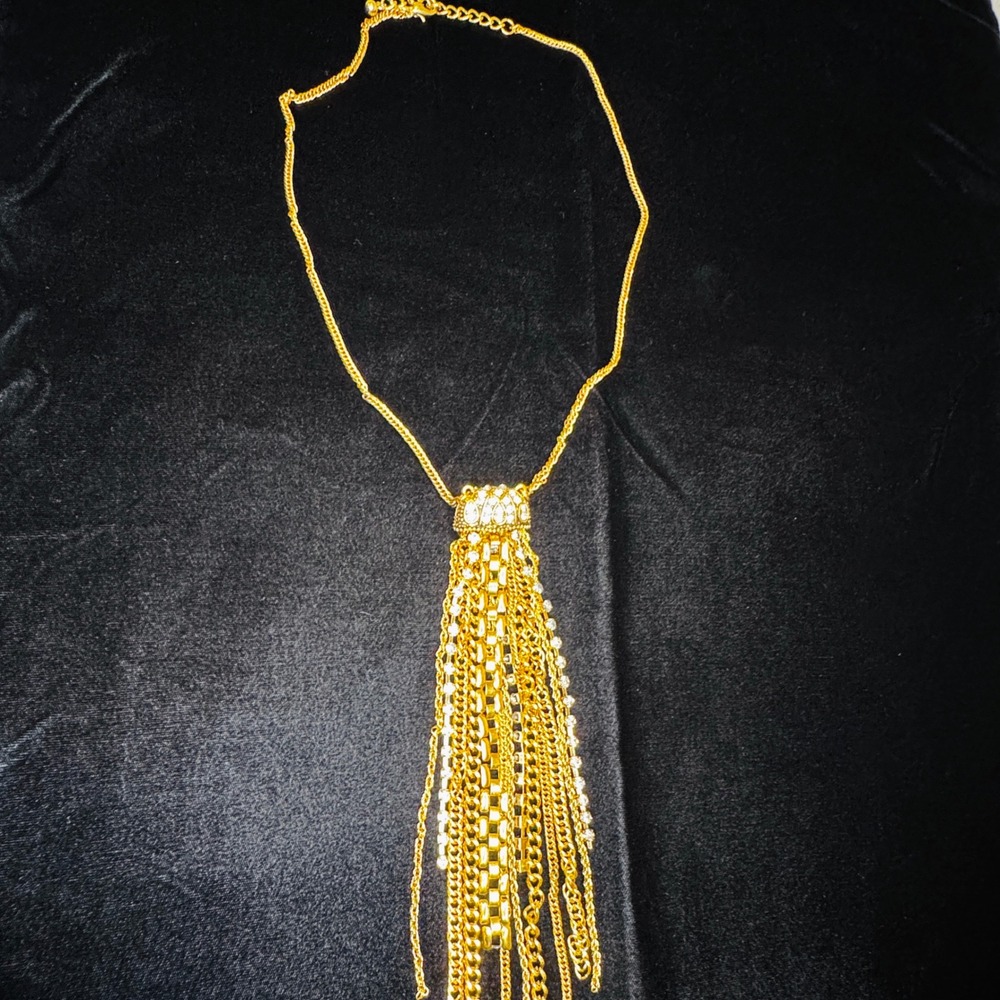 Gold Tone Rhinestone Waterfall Tassel Statement Necklace Set Earrings Fashion - Picture 8 of 9